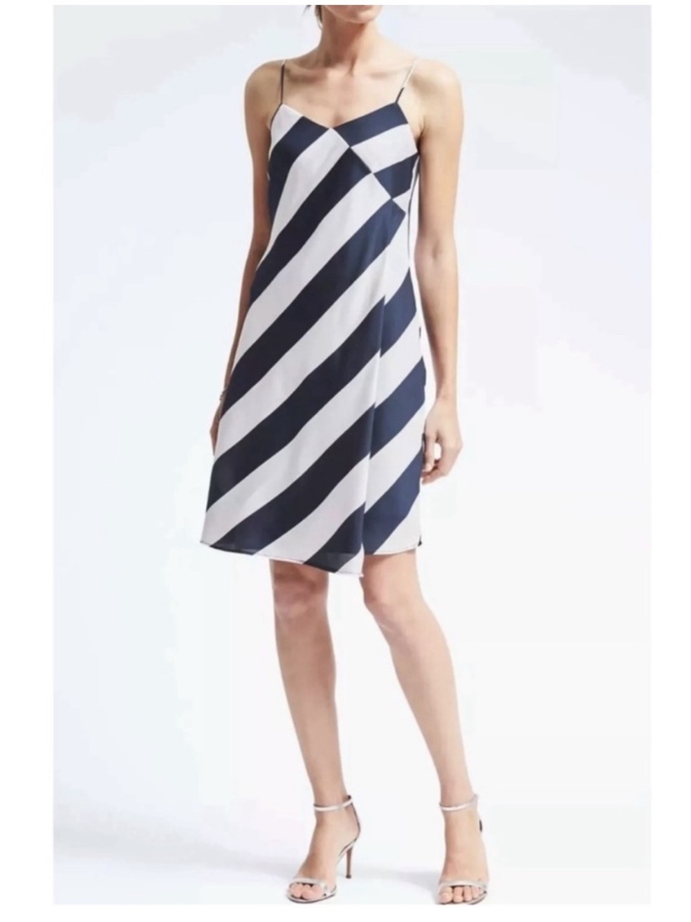 Navy and white faux-wrap dress